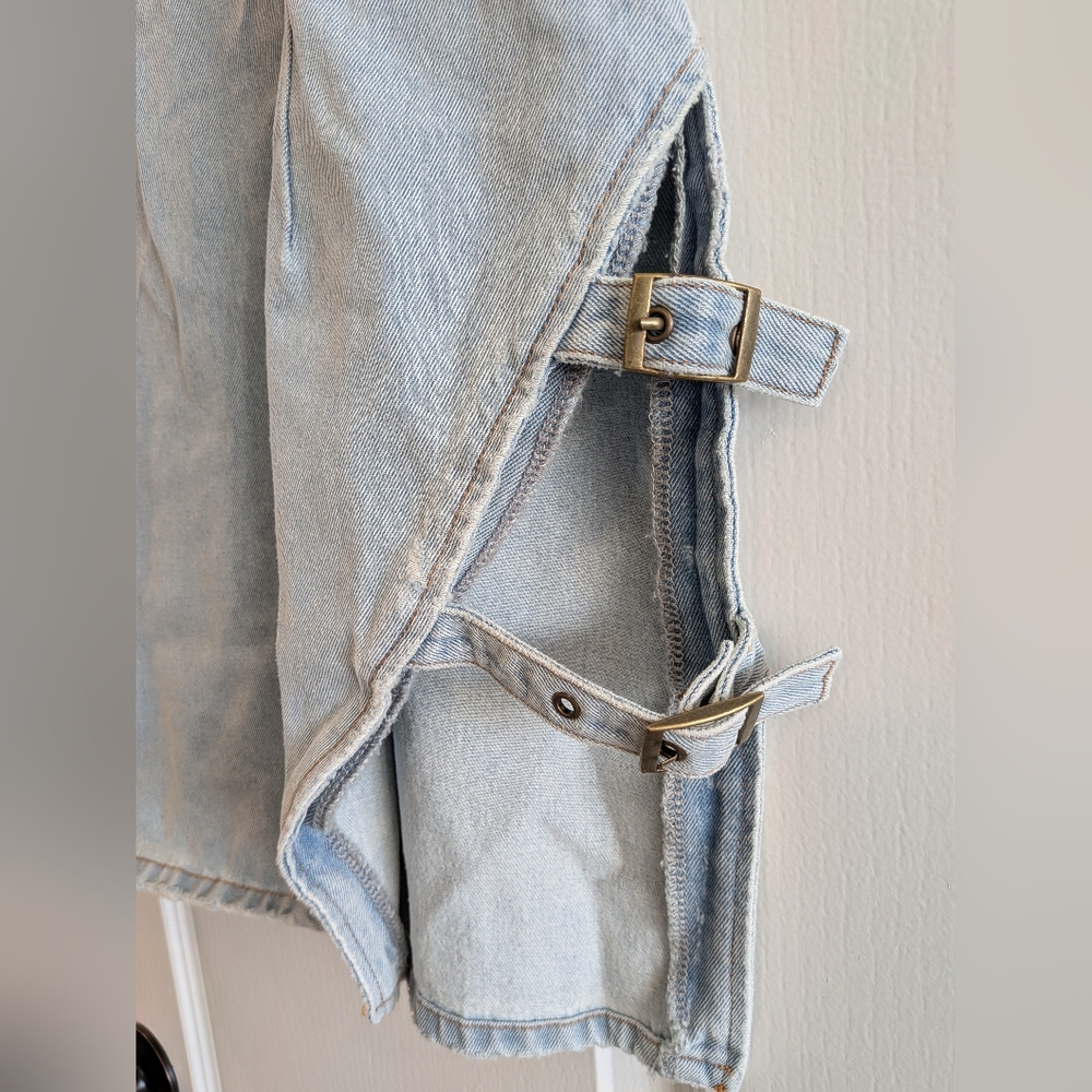 Lioness Sculpted Denim Mini Dress Light Denim Distressed Buckle Edgy Size XL - Picture 8 of 14